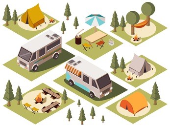 isometric set of camp elements with vans tents bonfires chairs tables hammock and umbrella isolated vector illustration  