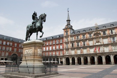plaza mayor with statue of king philips iii in madrid, spain