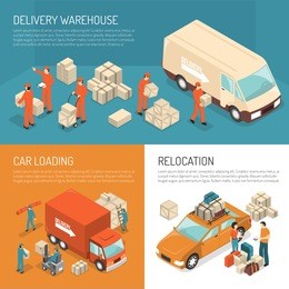 colored isometric delivery moving design concept with delivery warehouse car loading and relocation descriptions vector illustration