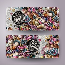cartoon cute colorful vector hand drawn doodles ice cream corporate identity. 2 horizontal banners design. templates set