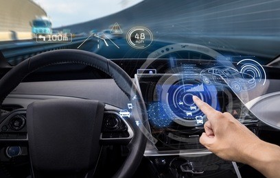 vehicle cockpit and screen, car electronics, automotive technology, autonomous car, abstract image visual