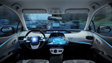 empty cockpit of vehicle, hud(head up display) and digital speedometer. autonomous car. driverless car. self-driving vehicle.