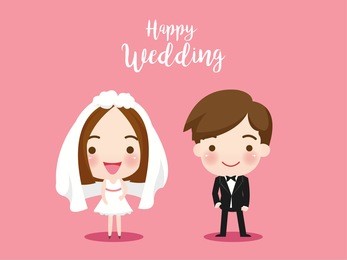 cute vector couple with text happy wedding. vector illustration