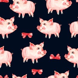 watercolor seamless pattern with cute piggy, red bow. animal pig watercolor illustration. hand painted art work on black background
