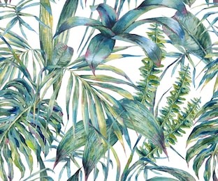 natural leaves exotic watercolor seamless pattern, green tropical leaves, fern, dense jungle, hand painted botanical summer illustration on white background