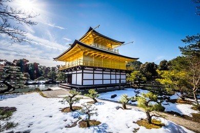 kinkakuji (golden pavilion) is a zen temple in northern kyoto whose top two floors are completely covered in gold leaf. formally known as rokuonji,
