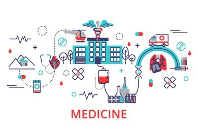 health care concept in modern flat line style. horizontal banner with hospital, ambulance and a lot of medicine icons.