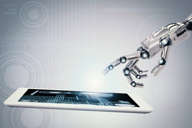 3d rendering robotic hand working with digital tablet