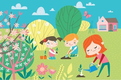 landscape with cute children in vector. spring and summer child's outdoor activities. happy childhood.