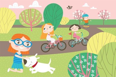 landscape with cute children in vector. spring and summer child's outdoor activities. happy childhood.
