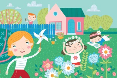 landscape with cute children in vector. spring and summer child's outdoor activities. happy childhood.