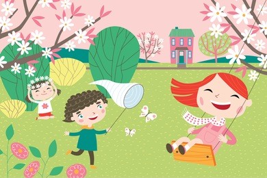 landscape with cute children in vector. spring and summer child's outdoor activities. happy childhood.