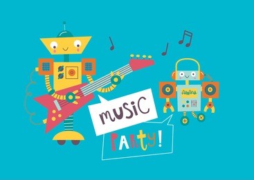 music party. card with cute robots. vector illustration.