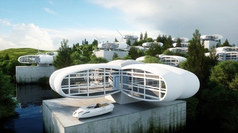 futuristic city, village. the concept of the future. aerial view. 3d rendering.