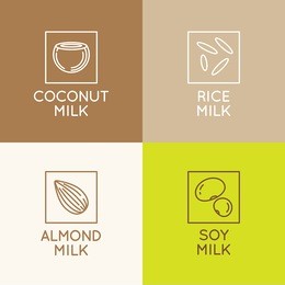 vector set of packaging design elements and icons in linear style - almond, coconut, rice and soy milk - healthy vegan drinks