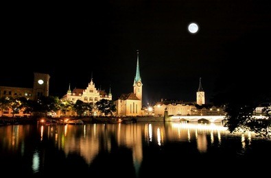 the night view of major landmarks in zurich switzerland