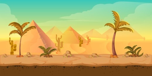 cartoon nature sand desert landscape with palms, herbs and mountains. vector game style illustration