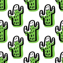 abstract seamless pattern with green cactus. hand drawing of black ink on a white background. vector image.