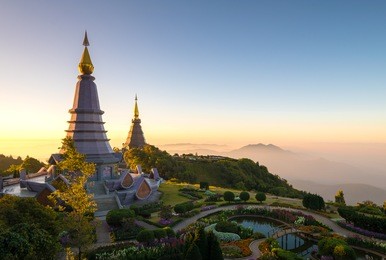 two pagoda view on the top of inthanon mountain, chiang mai province, thailand.