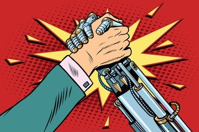 man vs robot arm wrestling fight confrontation, pop art retro vector illustration. new technology progress