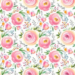 watercolor floral pattern and seamless background.  hand painted. gentle design for fabric, wrap paper or wallpaper. raster illustration.
