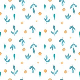 watercolor seamless pattern with floral elements and dot memphis fashion style, bright design repeating background. hand painted fashionable brush shapes. bohemian flowers and leaves.