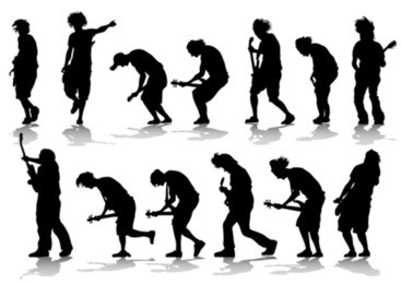 vector drawing musical group on stage. silhouettes on white background