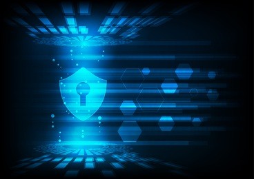 cyber security concept: shield with keyhole icon on digital data background. illustrates cyber data security or information privacy idea. blue abstract hi speed internet technology.