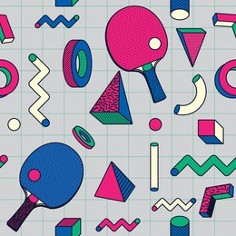 retro geometric shape, ping pong bat in memphis design seamless pattern. wallpaper background