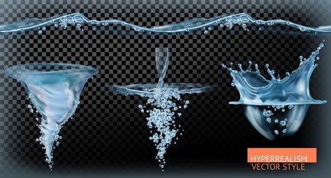 water splash with transparency. hyperrealism vector set