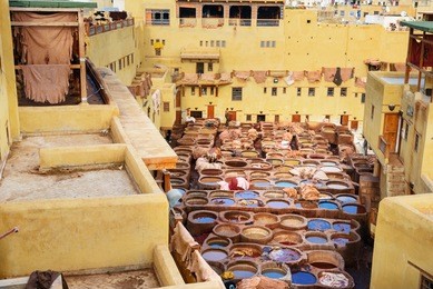 chouwara leather traditional tannery in ancient medina of fes el bali. fez, morocco