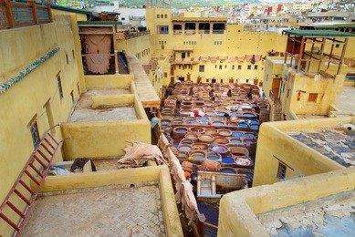 chouwara leather traditional tannery in ancient medina of fes el bali. fez, morocco