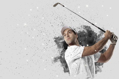 golf player with a white uniform coming out of a blast of smoke .