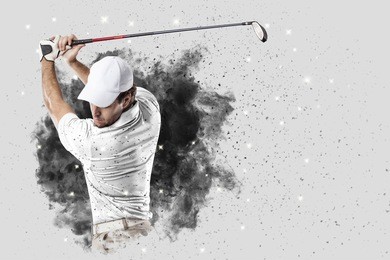 golf player with a white uniform coming out of a blast of smoke .