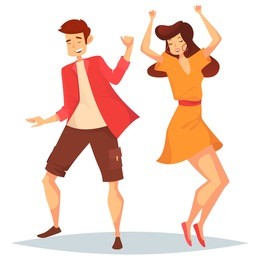 woman with raised hands and man dancing. girl with earrings in dress and dancer in shorts and t-shirt having a dance. music and party, dance floor and disco or discotheque, people social event theme