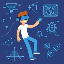 virtual reality use in learning, future of education. boy with vr headset surrounded by information, science equations and data. flat cartoon vector illustration.
