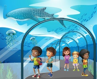 children looking at fish in aquarium illustration