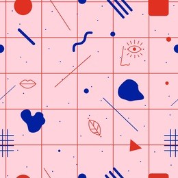 abstract pink and red seamless pattern with lips, face and leaves icons. geometric memphis design style print. modern design vector pattern.