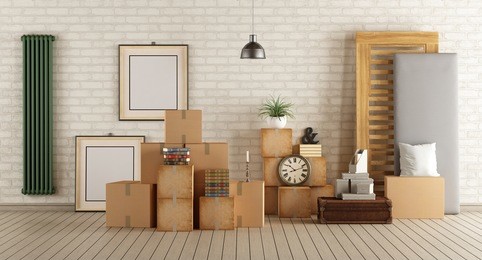 interior moving house with cardboard boxes,bed and other objects - 3d rendering
