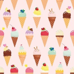 ice cream cone seamless pattern background. realistic. bright and pastel colors. for print and web.