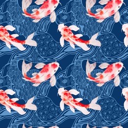 watercolor koi fish seamless pattern texture with waves on backdrop