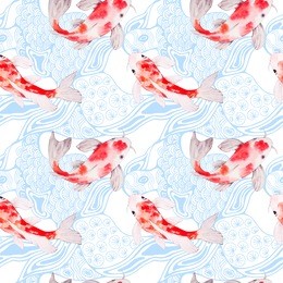 watercolor koi fish seamless pattern texture with waves on backdrop