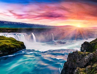 unbelievable summer morning scene on the godafoss waterfall. colorful sunrise on the on skjalfandafljot river, iceland, europe. beauty of nature concept background.