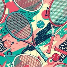 colorful  racket and tennis ball in memphis design style seamless pattern. background wallpaper