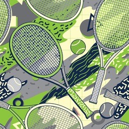 colorful  racket and tennis ball in memphis design style seamless pattern. background wallpaper