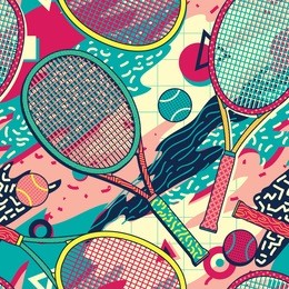 colorful  racket and tennis ball in memphis design style seamless pattern. background wallpaper