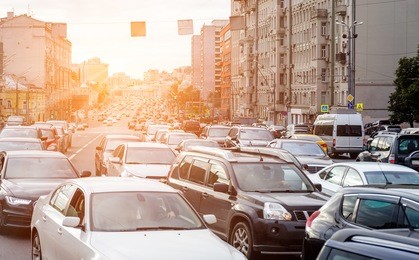 traffic jam on the wide street in the evening