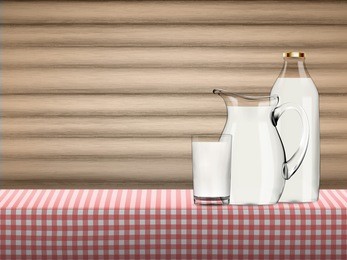 illustration of pure organic milk in transparent glass, bottle and jug standing on a table covered by red checkered napkin with wooden background, dairy product vector concept. 
