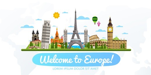 welcome to europe, travel on the world concept, traveling flat raster illustration.