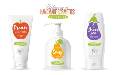 handmade cosmetic brand raster packaging template, body care product. oil, lotion or soap, shampoo, cream. realistic bottle mock up set isolated on white background.